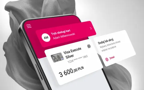 Aplikacja Millenium: jak aktywować kartę i zarządzać nią. Widok ekranu telefonu z kartą Visa Execute Silver i opcjami.