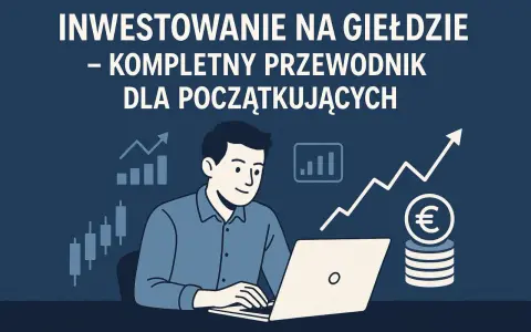 Ilustracja pokazuje mężczyznę przy laptopie, który uczy się, jak wejść na giełdę. Wykresy i monety euro symbolizują inwestycje.