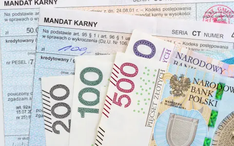 Mandaty karne i polskie banknoty 100, 200, 500 zł. Jak zapłacić mandat mBank? Dokumenty i pieniądze na stole.