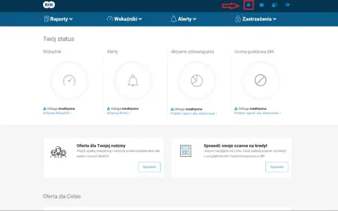 Panel BIK: status Twoich usług, jak sprawdzić scoring i oferty. Ikona ustawień.