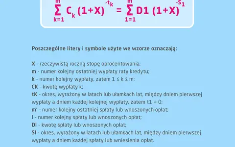 Wzór wyjaśnia oprocentowanie RRSO. X to rzeczywista roczna stopa oprocentowania.