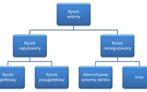 Schemat blokowy przedstawiający podział rynku wtórnego na rynki regulowane i nieregulowane, a następnie dalszy podział.