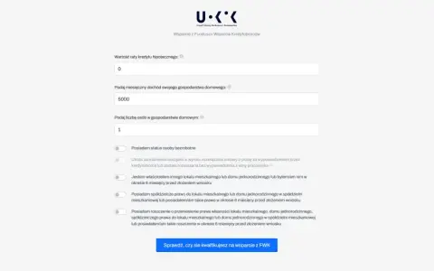 Formularz do obliczenia dochodu do FWK: rata kredytu 0, dochód 5000, 1 osoba w gospodarstwie.