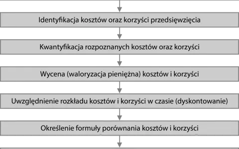 Schemat analizy kosztów i korzyści: określenie celu, identyfikacja, kwantyfikacja, wycena, uwzględnienie czasu, formuła, ocena.