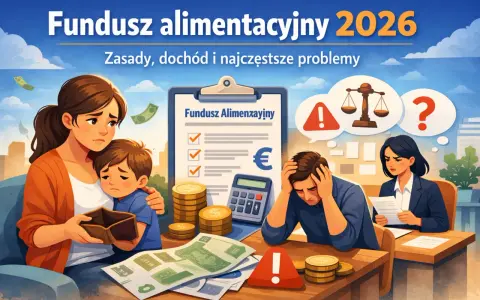 Jak obliczyć kryterium dochodowe do funduszu alimentacyjnego? Obraz przedstawia zmartwioną rodzinę, pieniądze i dokumenty, sugerując trudności finansowe.
