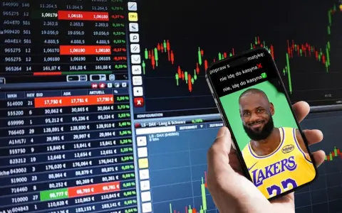 Czy giełda to hazard? Na ekranie telefonu LeBron James z pytaniem, czy idzie do kasy. Wykresy giełdowe w tle.