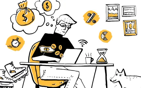 Mężczyzna przy laptopie myśli o pieniądzach, jak spłacić zaległe chwilówki. Obok klepsydra, pies i rolki.