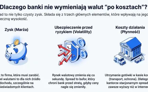 Grafika wyjaśnia, co to jest spread na giełdzie: zysk banku (skarbonka), ubezpieczenie przed ryzykiem (tarcza) i koszty działania (bank, bankowóz).
