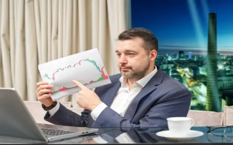 Mężczyzna w garniturze analizuje wykres giełdowy, zastanawiając się, jak zarobić na giełdzie 200 złoty dziennie.