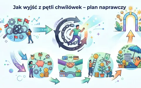 Ilustracja przedstawia schemat oddłużania: od analizy problemu, przez wyjście z pętli zadłużenia, do stabilizacji finansowej i bezpieczeństwa.