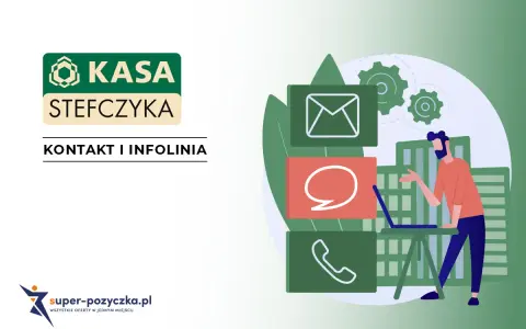 Logo Kasy Stefczyka i ikony kontaktu: koperta, dymek, słuchawka. Mężczyzna przy laptopie.