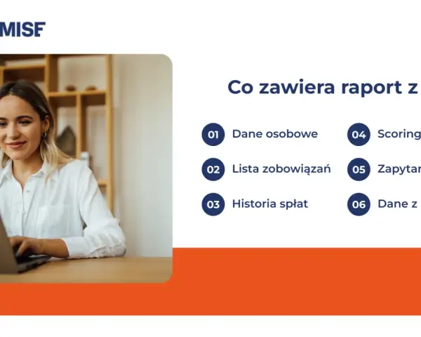 Kobieta pracuje na laptopie, obok lista elementów raportu BIK.