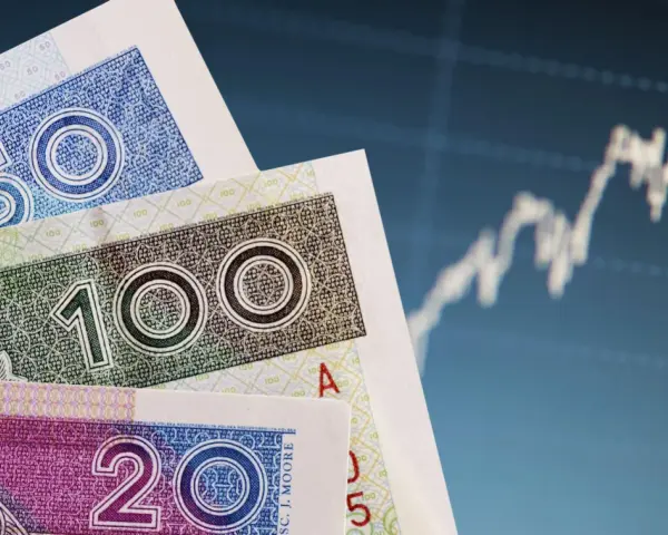 Polskie banknoty 20, 50, 100 zł na tle wykresu giełdowego. Bankowy fundusz gwarancyjny chroni depozyty w bankach.