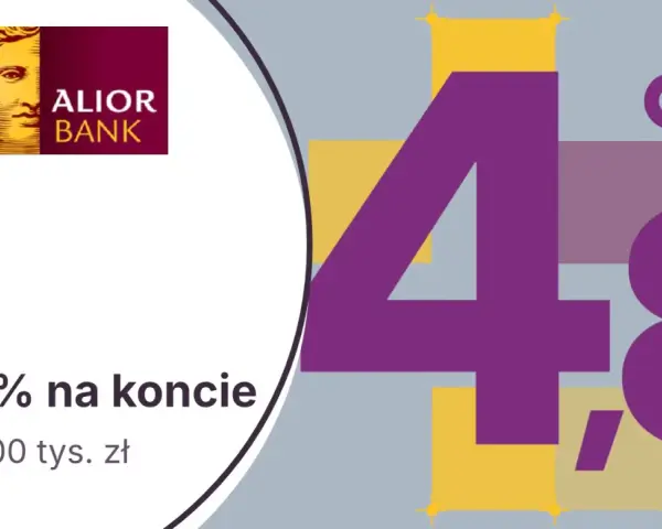 Logo Alior Bank i duża grafika z liczbą 4,8% oraz tekstem "4,8% na koncie do 200 tys. zł".