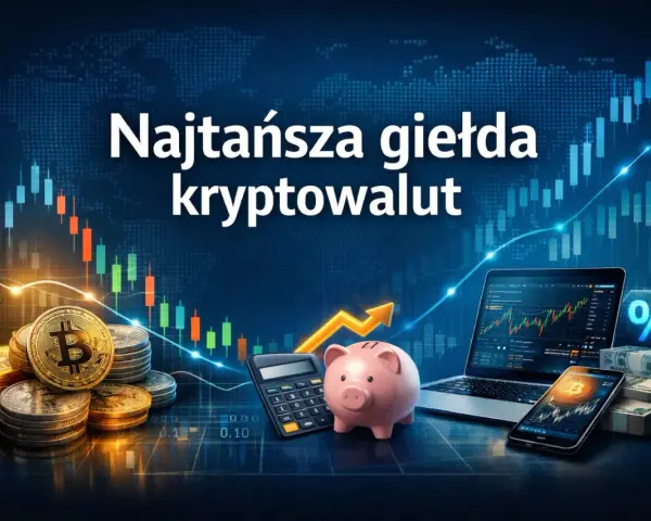 Złote monety z symbolem Bitcoina, skarbonka, kalkulator i laptop z wykresem giełdowym. Szukasz najlepszej giełdy kryptowalut?