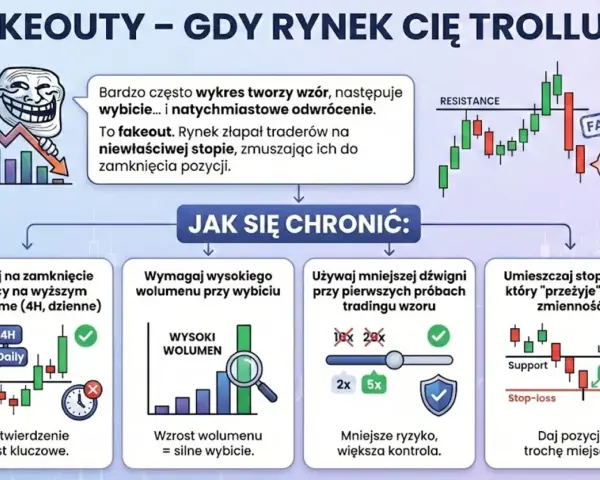 Jak grać na giełdzie kryptowalut, unikając pułapek (fakeoutów). Poradnik pokazuje, jak chronić się przed fałszywymi wybiciami, czekając na zamknięcie świecy, analizując wolumen i używając stop-loss.
