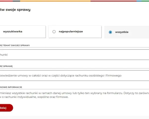 Formularz mBank: wybierz temat "rachunki" i sprawę "wypowiedzenie umowy", aby dowiedzieć się, jak usunąć kartę mBank.