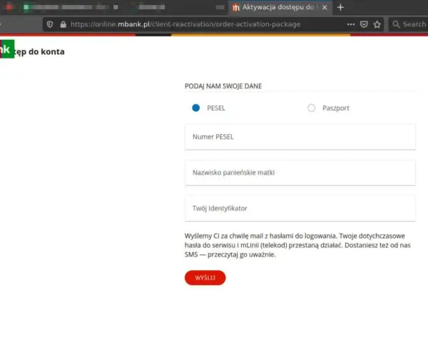 Formularz mBanku do aktywacji konta. Podaj numer PESEL (11 cyfr) lub paszport, nazwisko panieńskie matki i swój identyfikator.