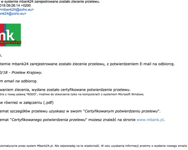 Potwierdzenie przelewu z mbank24, kiedy zostało zarejestrowane zlecenie. Zobacz potwierdzenie.