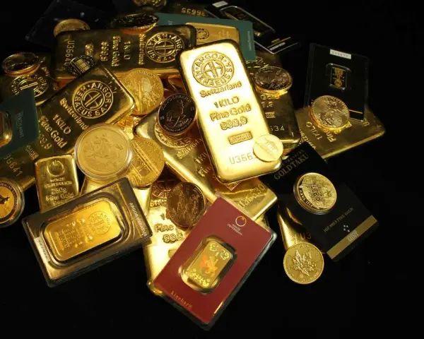 Złote sztabki i monety, w tym 1 kg Fine Gold 999.9, pokazują, ile kosztuje złoto inwestycyjne.