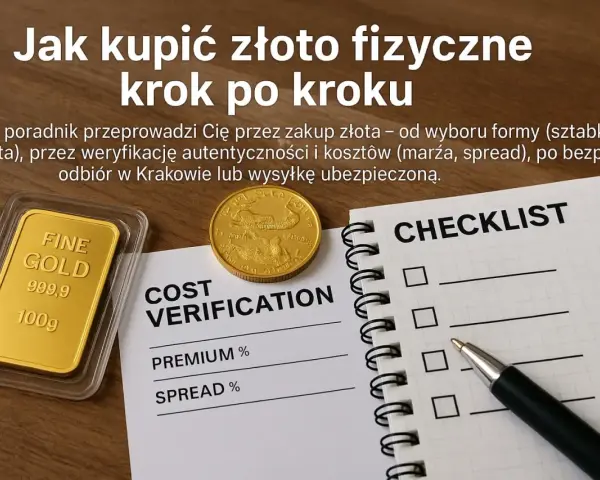 Złota sztabka i moneta obok dokumentów "Cost Verification" i "Checklist" ilustrują, jak kupić złoto inwestycyjne krok po kroku.