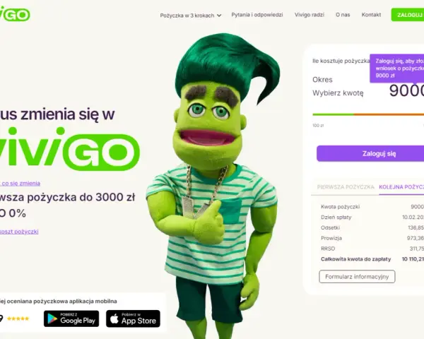 Zielona postać z włosami zachęca do wyboru kwoty pożyczki. Sprawdź, czy Vivus rozkłada na raty, wybierając kwotę 9000 zł.