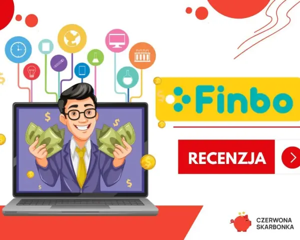 Uśmiechnięty mężczyzna z pieniędzmi na ekranie laptopa. Czy Finbo sprawdza BIK? Logo Finbo i przycisk "Recenzja".