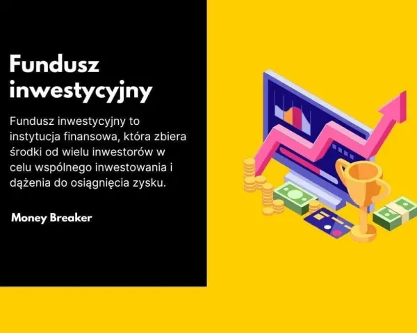 Jak założyć fundusz inwestycyjny? Grafika przedstawia komputer z wykresem wzrostu, stosy monet, banknoty i puchar, symbolizujące sukces finansowy.
