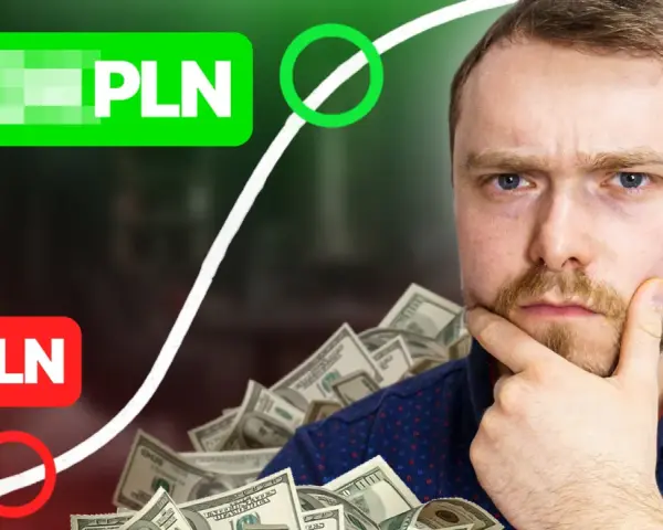 Mężczyzna zamyślony na tle stosu dolarów, z napisami "PLN" i "0 PLN" oraz wykresem giełdowym.