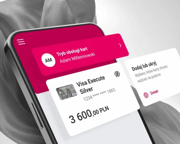 Aplikacja Millenium: jak aktywować kartę i zarządzać nią. Widok ekranu telefonu z kartą Visa Execute Silver i opcjami.