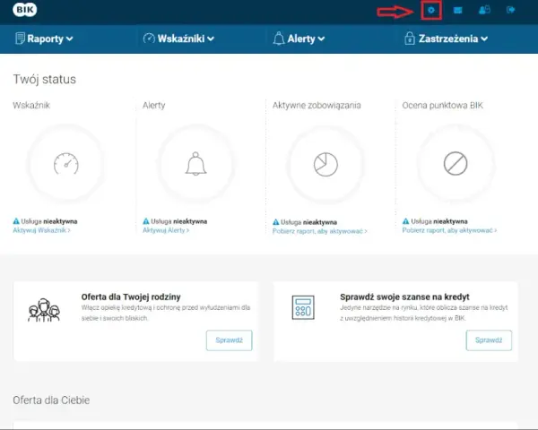 Panel BIK: status Twoich usług, jak sprawdzić scoring i oferty. Ikona ustawień.