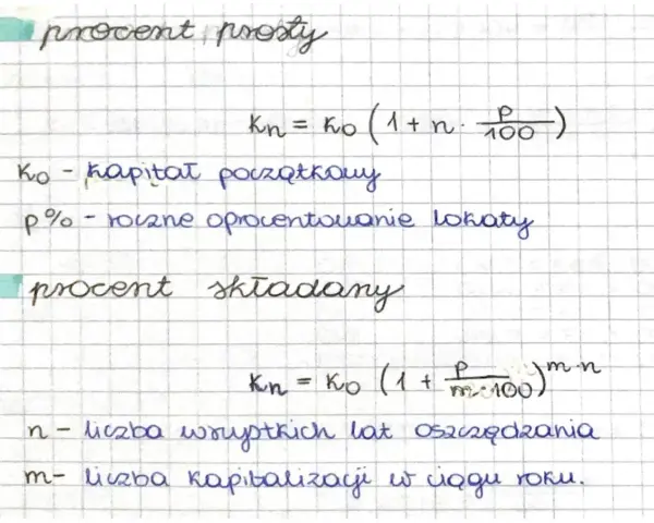Wzory na procent prosty i składany pomagają obliczyć zysk z lokaty. Opisano kapitał początkowy, oprocentowanie i okres oszczędzania.