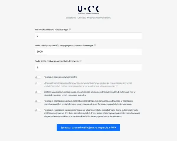 Formularz do obliczenia dochodu do FWK: rata kredytu 0, dochód 5000, 1 osoba w gospodarstwie.