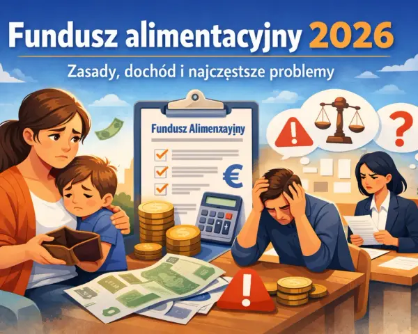 Jak obliczyć kryterium dochodowe do funduszu alimentacyjnego? Obraz przedstawia zmartwioną rodzinę, pieniądze i dokumenty, sugerując trudności finansowe.