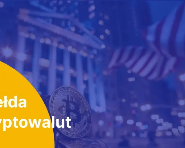 Giełda kryptowalut: Bitcoin i amerykańska flaga na tle nocnego miasta. Dowiedz się, giełda co to jest i jak działa.