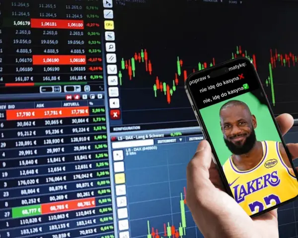 Czy giełda to hazard? Na ekranie telefonu LeBron James z pytaniem, czy idzie do kasy. Wykresy giełdowe w tle.