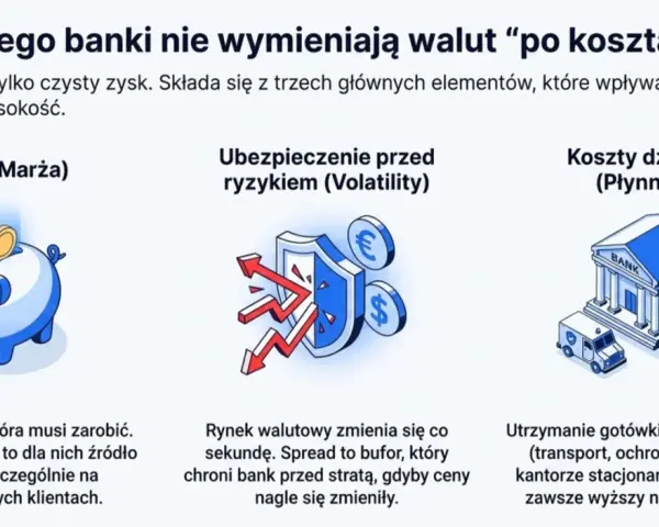 Grafika wyjaśnia, co to jest spread na giełdzie: zysk banku (skarbonka), ubezpieczenie przed ryzykiem (tarcza) i koszty działania (bank, bankowóz).