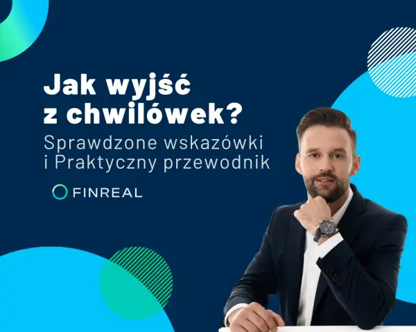Mężczyzna w garniturze z zegarkiem na ręku, obok tekst: "Jak wyjść z chwilówek? Sprawdzone wskazówki i praktyczny przewodnik".
