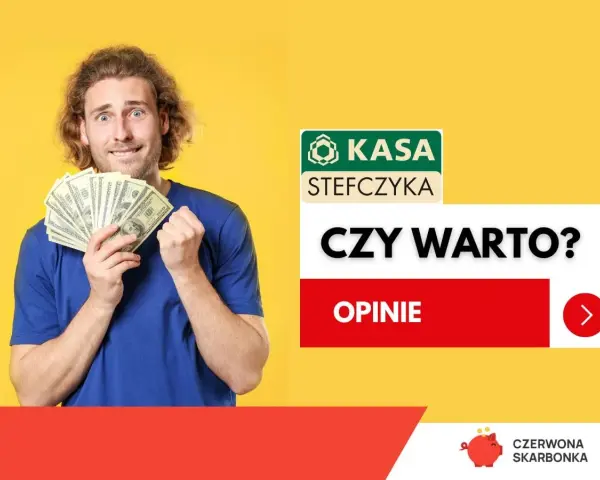 Mężczyzna z zaskoczoną miną trzyma plik banknotów. Obok logo Kasa Stefczyka i pytanie "Czy warto?". Sprawdź, czy kasa Stefczyka sprawdza BIK.