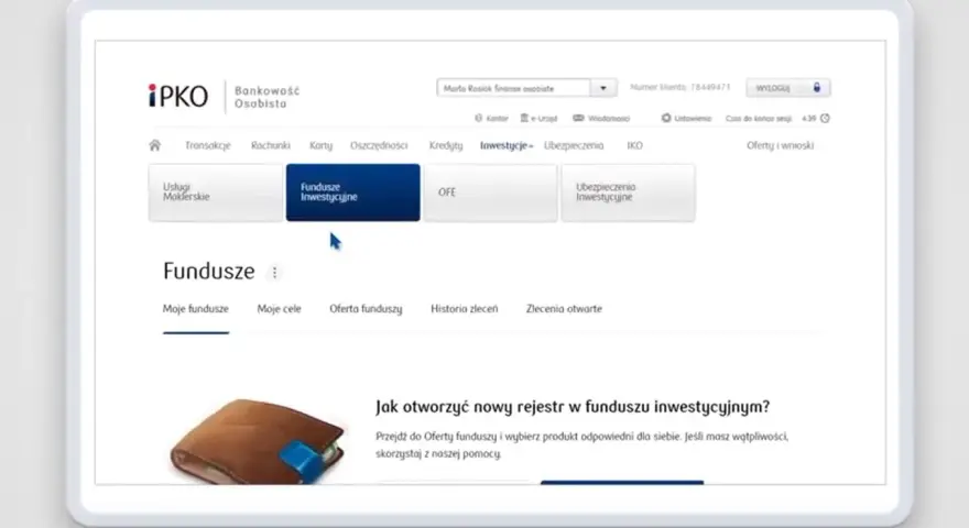 Ekran bankowości PKO BP z zakładką "Fundusze Inwestycyjne". Dowiedz się, jak zamknąć fundusz inwestycyjny PKO.