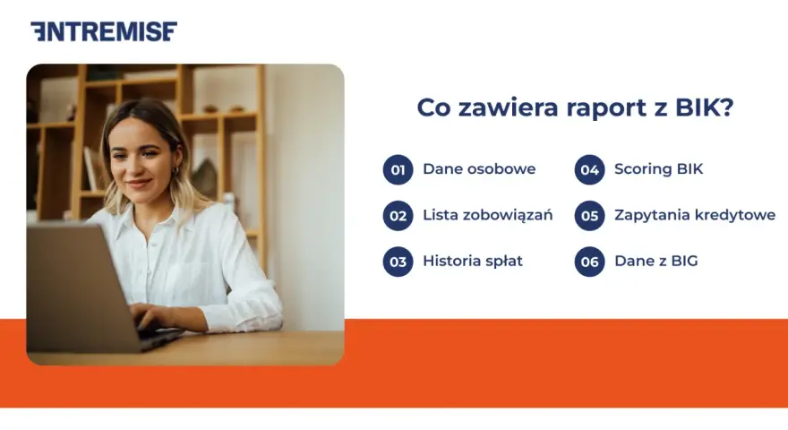 Kobieta pracuje na laptopie, obok lista elementów raportu BIK.
