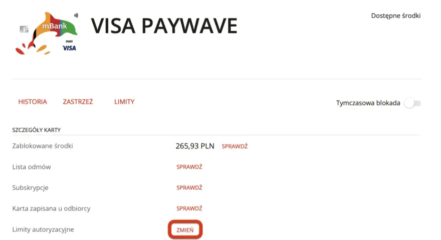 Widok karty mBank Visa. Kliknij "Zmień", aby dowiedzieć się, jak zmienić limity mBank.