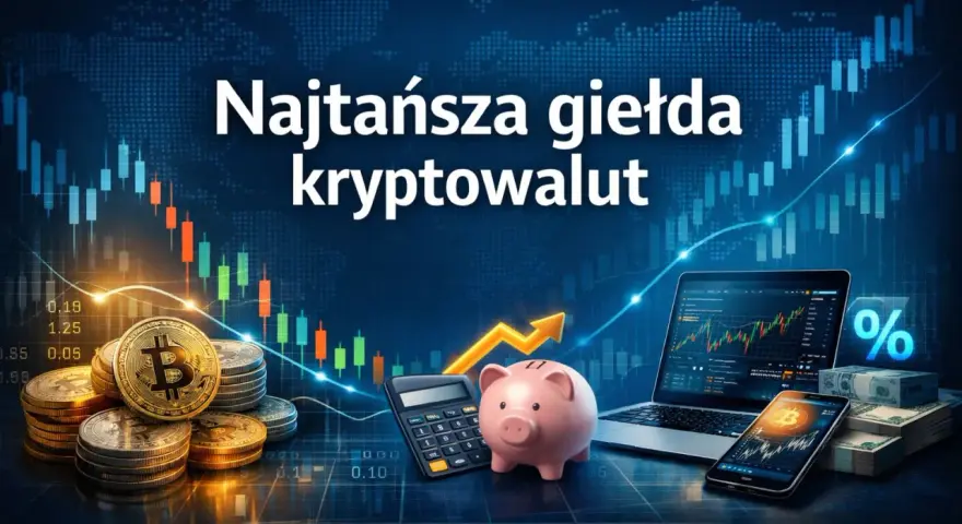 Złote monety z symbolem Bitcoina, skarbonka, kalkulator i laptop z wykresem giełdowym. Szukasz najlepszej giełdy kryptowalut?