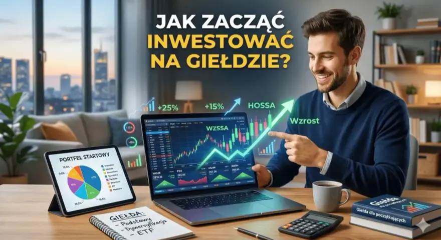 Mężczyzna wskazuje na wykres wzrostu na laptopie, obok tablet z wykresem kołowym i notatnik.