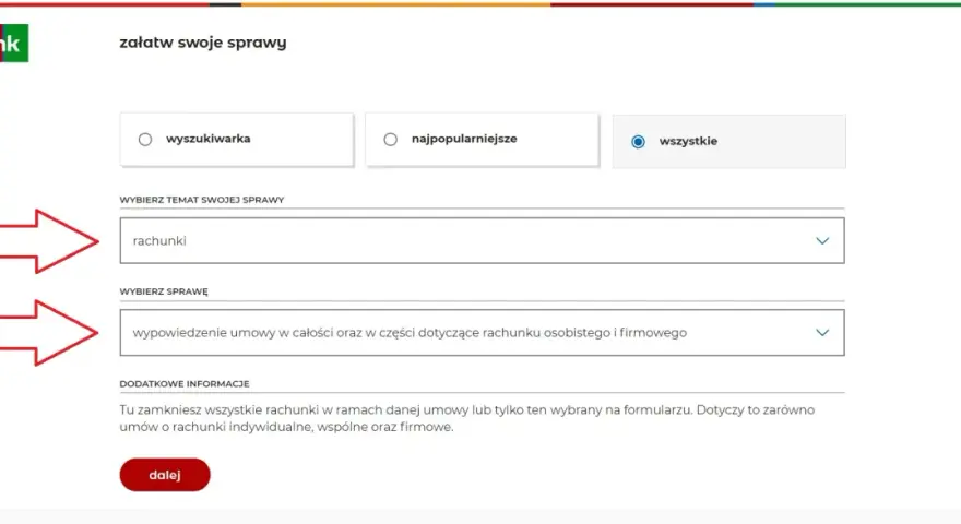 Formularz mBank: wybierz temat "rachunki" i sprawę "wypowiedzenie umowy", aby dowiedzieć się, jak usunąć kartę mBank.