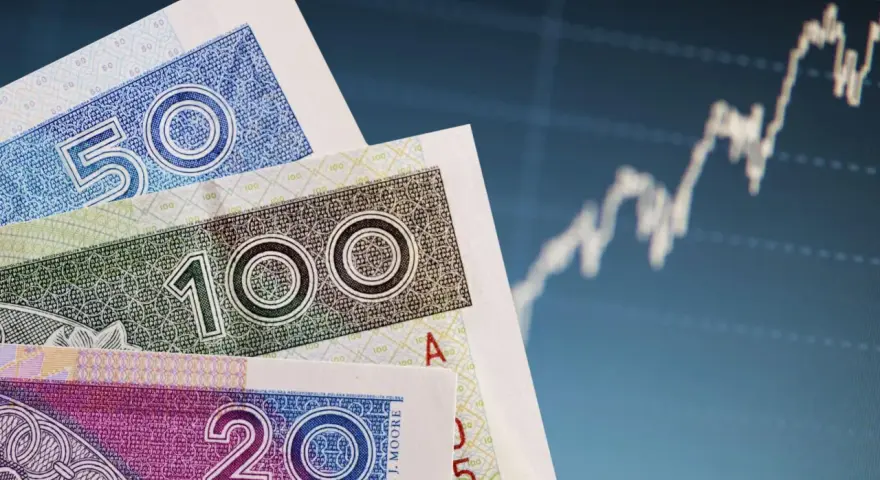 Polskie banknoty 20, 50, 100 zł na tle wykresu giełdowego. Bankowy fundusz gwarancyjny chroni depozyty do 100 tys. euro.