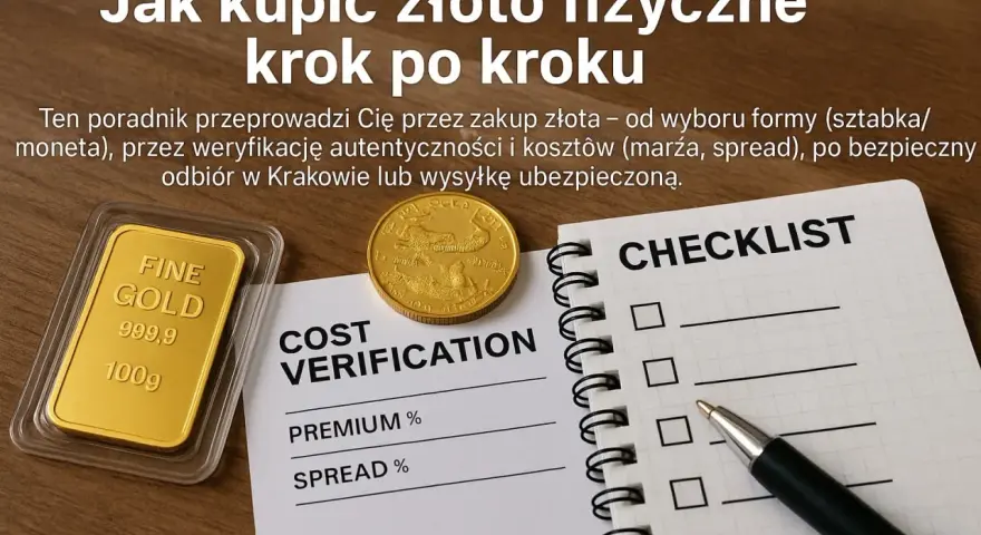 Złota sztabka i moneta obok dokumentów "Cost Verification" i "Checklist" ilustrują, jak kupić złoto inwestycyjne krok po kroku.