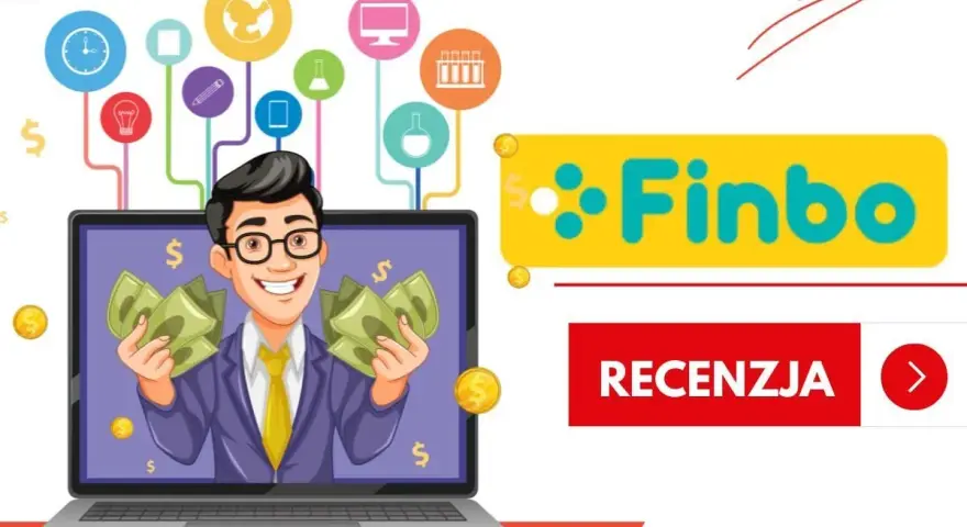 Uśmiechnięty mężczyzna z pieniędzmi na ekranie laptopa. Czy Finbo sprawdza BIK? Logo Finbo i przycisk "Recenzja".