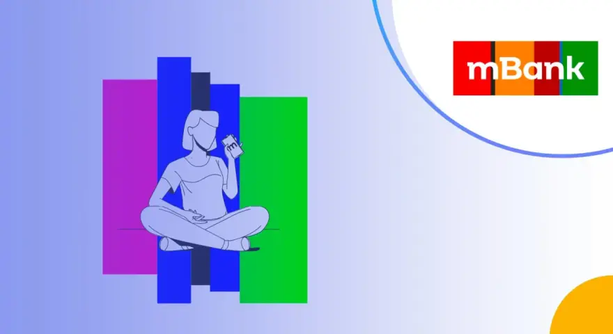 Ilustracja pokazuje, jak zrobić przelew ekspresowy mBank. Osoba siedzi w pozycji lotosu, trzymając telefon, na którym widnieje logo mBank.