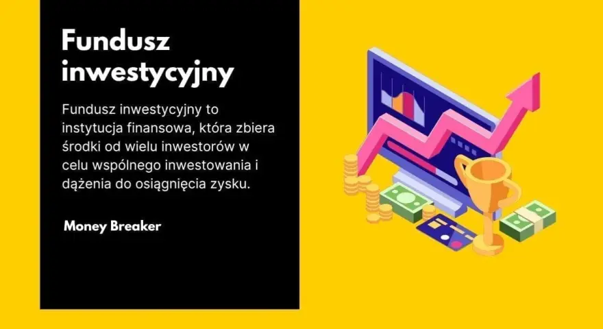 Jak założyć fundusz inwestycyjny? Grafika przedstawia komputer z wykresem wzrostu, stosy monet, banknoty i puchar, symbolizujące sukces finansowy.